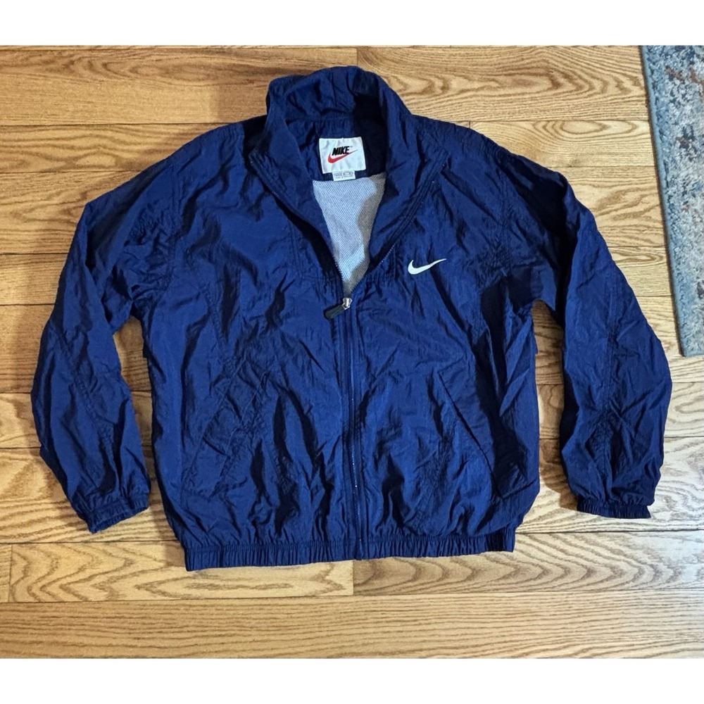 Vintage 90s Nike Windbreaker Jacket Nylon Lined Full Zip Logo Navy Mens SZ L